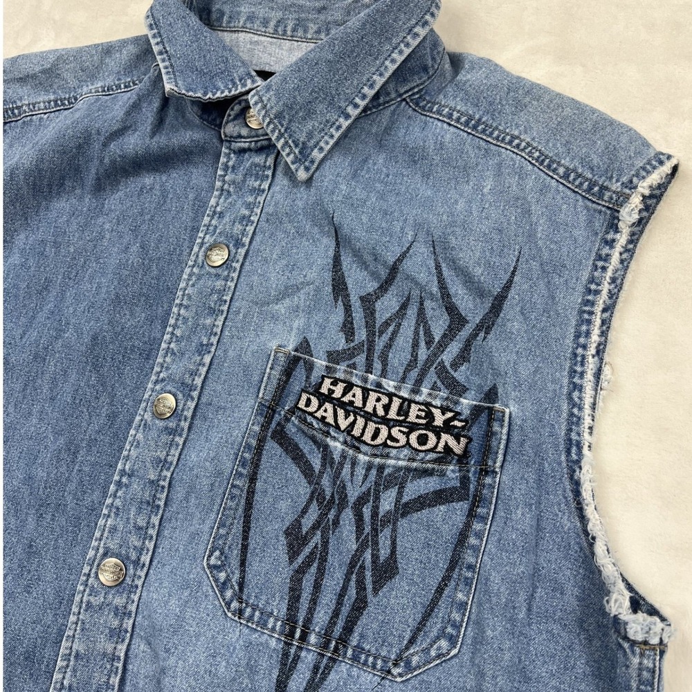 Harley Davidson Sleeveless Denim Shirt Mens L Blue Tribal Embroidered Biker Vest